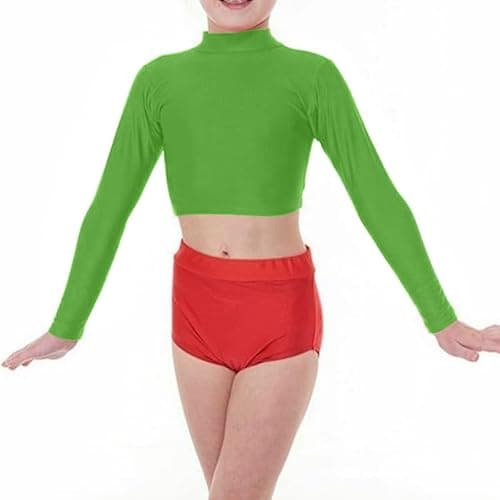Image of Prime fashions Girls Long Sleeve Polo Neck Crop Top Nylon for Dance Ballet Gymnastics (13-14 Years, Green)
