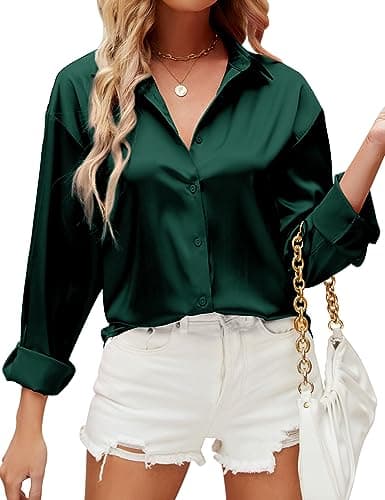 Image of HANERDUN Women's Button Down Shirts Satin V Neck Long Sleeve Casual Work Blouse Tops with Pocket Silk Elegant Casual Tops Plain Button Front Work Shirt Business Evening Top Dark Green