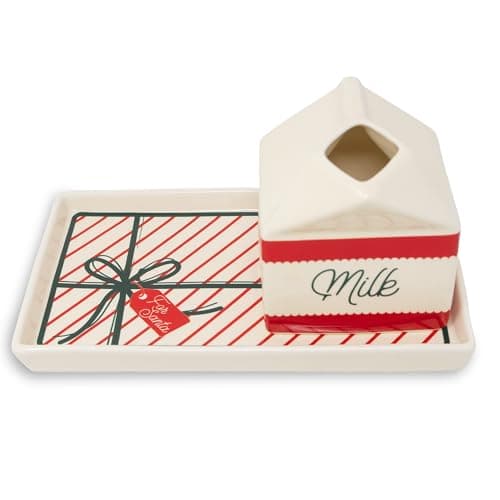 Image of Steel Mill & Co Ceramic Milk & Cookies for Santa Set, 2-Piece Christmas Eve Tray & Milk Jug Gift Box Design, Holiday Tableware Set for Festive Christmas Décor (Bow)