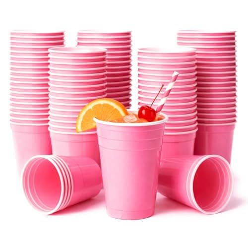 Image of 50 Pink Plastic Party Cups | Pack of 50 16oz Disposable Drinking Cups | New Years | Valentines | Hen Night | Birthday | Baby Shower | American Ping Pong Party Cups