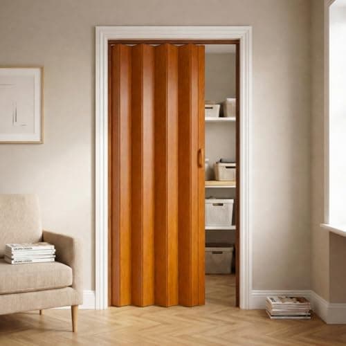 Image of NOVECRAFTO PVC Folding Door, 32 x 80 in – Smooth Glide, Magnetic Closure, Moisture-Resistant, Easy Installation, Space-Saving – Wood Effect Concertina Accordion Sliding Door (Gunstock Oak)