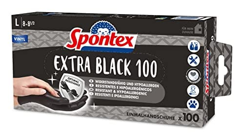 Image of Spontex Extra Black Disposable Vinyl Gloves, Powder-Free and Latex-Free, Versatile, in Practical Dispenser Box, Size L, Pack of 100, Black
