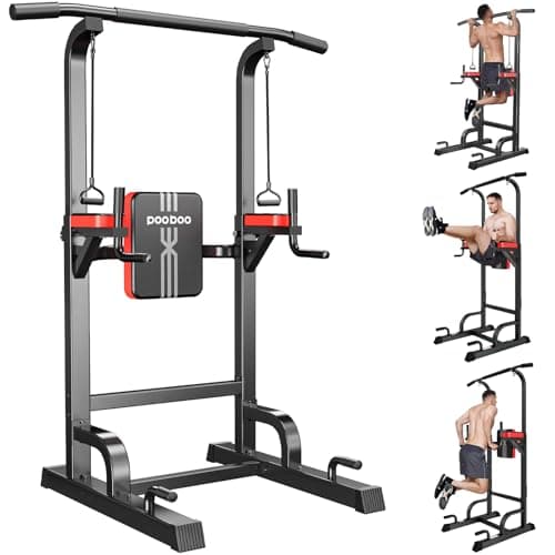 Image of pooboo Power Tower Dip Station – Multifunctional Adjustable Height Fitness Equipment for Home Gym, Pull Up Bar Tower Dip Station with Strong Elastic Bands, for Family Use (Black)