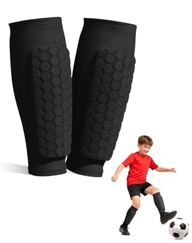Image of Ouxonix Black Kids Shin Pads for Football, Boys & Girls Football Shin Guards with Sleeve, Lightweight Slip-in Shin Guards for Ages 8-10 (S), Breathable, Lightweight