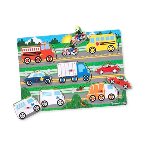 Image of Melissa & Doug Wooden Vehicle Peg Puzzle – Interactive Learning Toy for Toddlers, Educational Gift for Kids Age 2 Plus