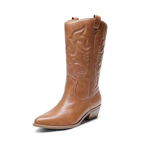 Image of DREAM PAIRS Women's Comfortable Winter Western Boots,Waterproof Mid Cowboy Boots for Ladies,Beautiful and Stylish Party and Character Dress Up Boots,Size 5.5,Tan,SDMB2218W