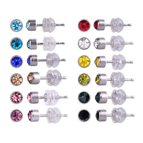 Image of 12 Pairs 18K Yellow Gold Plated Surgical Stainless Steel Stud Earring, CZ Stud Earrings for Women, Cubic Zirconia Birthstone Stud Earrings Set 3mm (Silver Round 3mm)