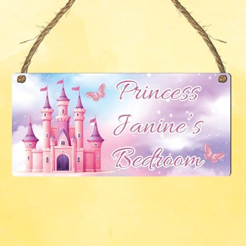 Image of Personalised Girls Princess Theme Rectangle Hanging Room Plaque - MDF Wood, Custom Crown, Princess, Castle Door Sign, Thoughtful Birthday Keepsake Present (Castle)