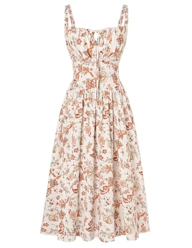 Image of SCARLET DARKNESS Women Summer Dresses Casual Floral Beach Sundress A-Line Sleeveless Spaghetti Strap Victorian Milkmaid Corset Dress Orange Boho Floral S