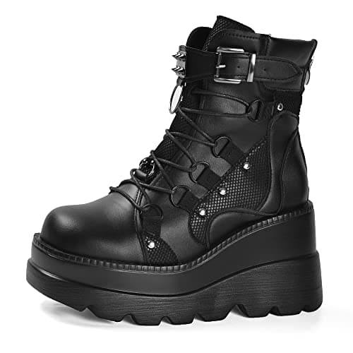Image of Gothniero Women Black Platform Boots Chunky Heel Combat Ankle Goth Rave Motorcycle Booties with Buckles Side zip Rounds toe Size UK3-UK8