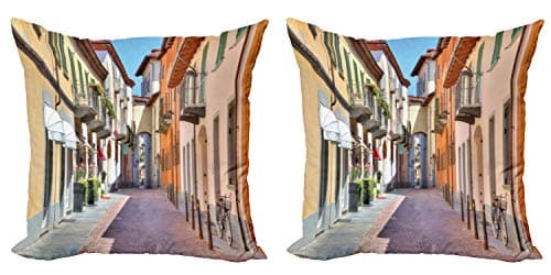 Image of ABAKUHAUS City Throw Pillow Cushion Cover Pack of 2, Alba Town Italy Street, Zippered Double-Side Digital Print Decor, 40 cm x 40 cm, Multicolor