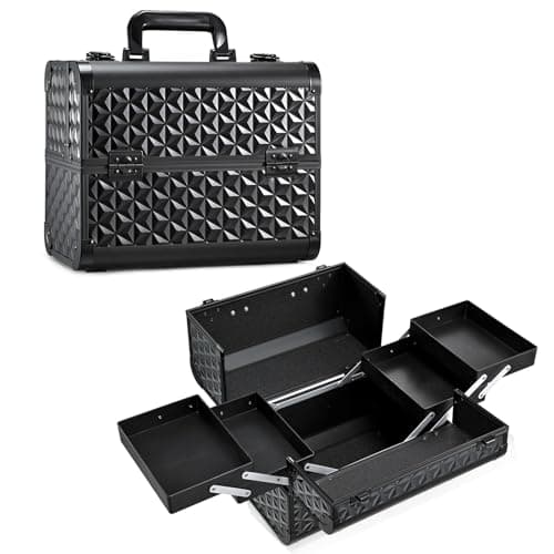 Image of Professional Vanity Case Large Makeup Box Lockable Makeup Case Beauty Organiser Cosmetic Make Up Organiser Box 4 Trays with Keys, Geometric Black