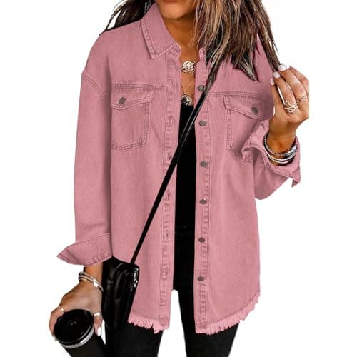 Image of YGERGWE Pink Denim Jacket Women, Oversized Lightweight Jean Jacket Casual Button-Down Shacket, Ladies Long Sleeve Jean Shirt Top for Spring Autumn