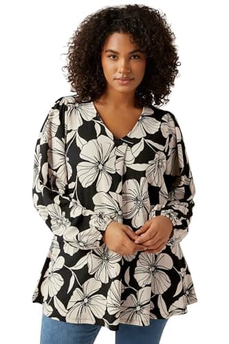 Image of EVANS Curve Contrast Floral Jersey Crepe Top - Women's - Plus Size Curve Black