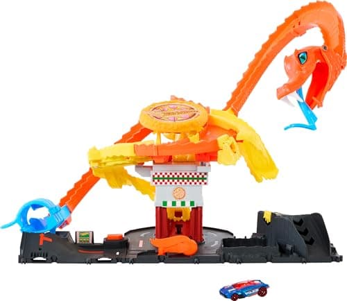 Image of Hot Wheels Let's Race Netflix - City Toy Car Track Set, Pizza Slam Cobra Attack, Snake Tail Spiral Track with Randomizer, 1 Vehicle in 1:64 Scale, HTN81