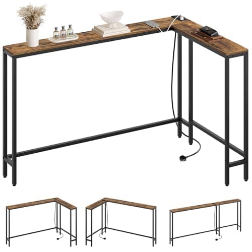 Image of YATINEY Slim Console Table, 180 cm Narrow Sofa Table with Power Outlets, Behind Entryway Table, 3 Assembly Options, for Entryway, Rustic Brown XCT07KBR