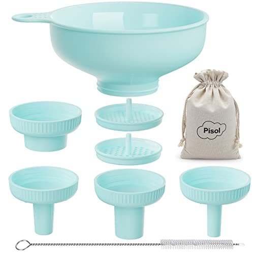 Image of Pisol Wide Mouth Versatile Funnel, Canning Funnels for Kitchen Use, Food Grade Plastic Cooking Funnel Set with 4 Size Spouts and 2 Strainers for Filling Different Bottles and Bags, Teal