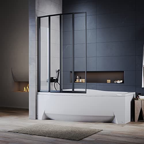 Image of ELEGANT Black 4 Panel Folding Bath Shower Screen,1000mm Over Bath Shower Screen Door Toughened Safety Clear Glass Bathtub Door Pivot Swing Panel