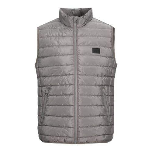 Image of JACK & JONES Mens Puffer Gilet- Warm, Breathable, High Collar, Water-Resistant, Zipper Pocket Outerwear Jacket for Men, Charcoal, Size- XL