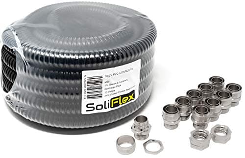 Image of Outdoor Flexible Metal Cable Trunking | Galvanised PVC Coated Conduit Contractor Pack (IP54) 10M Coil - Underground Burial, Garden Ducting w/Fittings - 10 Glands and Locknuts
