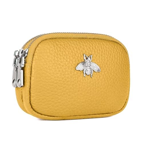 Image of MAVHVAM Ladies Genuine Leather Small Purse for Women Mini Coin Wallets Pouch Campact Credit Card Holder with Double Zip (Yellow)