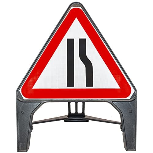 Image of Road Narrows Right 750mm Triangle Road Sign 7001 - Plastic Temporary Road Street Traffic Safety Sign for Road and Street Works - Freestanding with Reflective Sign Face