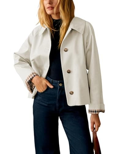 Image of Dqbeng Womens Cropped Trench Coat Classic Collar Oversized Casual Jackets with Checkered Lining, Cream, M