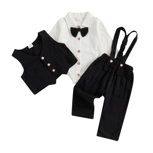 Image of JCOPLY Baby Boy Gentleman Outfit Long Sleeve Bow Tie Romper Button Waistcoat Suspenders Trousers 3Pcs Newborn Clothes Birthday Wedding Formal Suit (Black, 9-12 Months)
