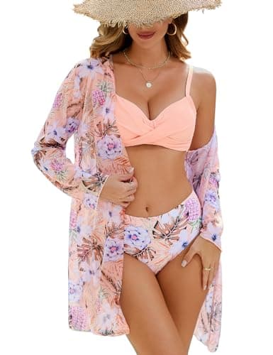 Image of UMIPUBO Womens Swimsuit 3 Piece Bikini Sets Padded Swimwear with Beach Cover Ups Sexy Push Up Bikini Top Swim Bottoms Print Bathing Suits Swimming Costume Beachwear Sarong (Pink, S)