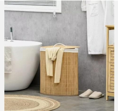 Image of Bamboo Laundry Basket With Lids & Liner Foldable Washing Clothes Bin Hamper UK (Corner Natural)