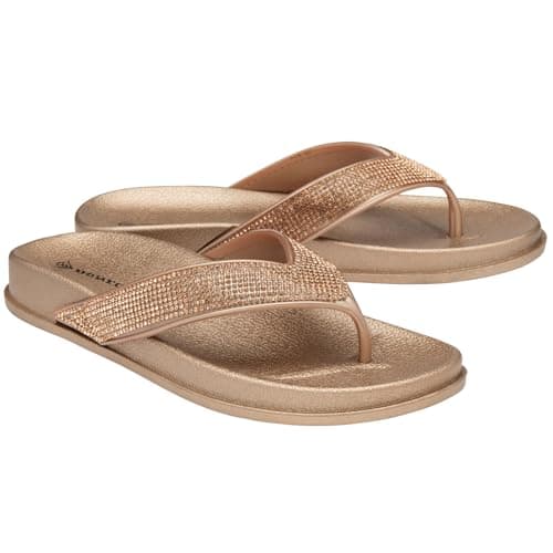 Image of Ladies Wedge Flip Flops Toe Post Sandals Women Summer Slip On Comfort Shoes Lightweight Cushioned Low Wedge Beach Holiday Casual Walking Open Toe Footwear Gold 5