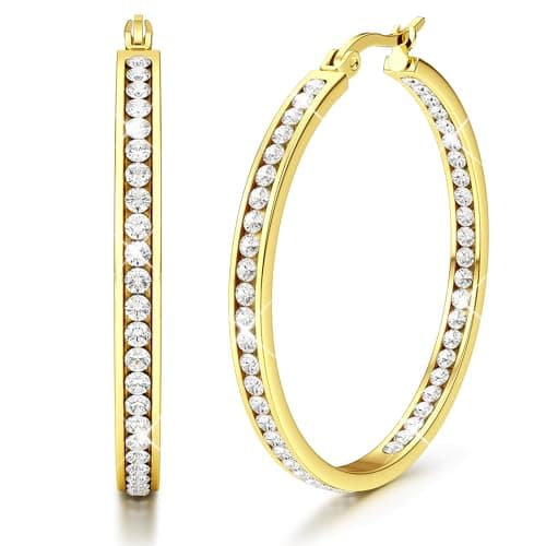 Image of Adramata Hoop Earrings for Women Girls Hypoallergenic 316L Stainless Steel 50mm Large Hoops Sparkly Cubic Zirconia Simulated Diamond Hoop Earrings Gold Hoops Earrings for Women