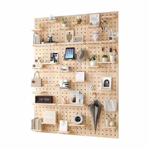 Image of Wooden Pegboard Organizer - Versatile Wall-Mounted Storage Solution for Home, Office, and Garage(Beige,60x80 cm)