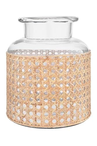 Image of Bloomingville Round Glass Jar Vase with Decorative Cane Sleeve, Clear and Natural