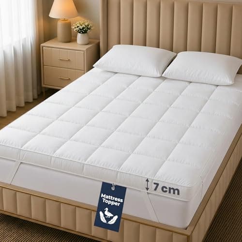 Image of Egypto Extra Plush Duck Feather & Down Mattress Topper Double 7cm Thick | 85% Feather & 15% Down Fillings - Hypoallergenic Breathable & Soft Down-Proof Cotton Cover - Mattress Bed Topper Double Bed