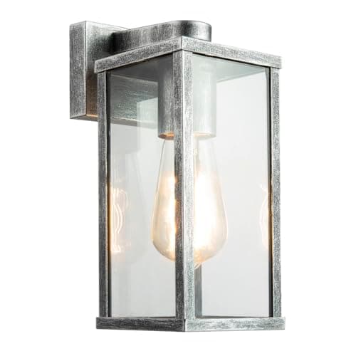 Image of Happy Homewares Traditional Black Silver IP44 Outdoor Lantern Wall Light Fitting with Clear Glass Sides | 1 x 11w | 24cm x 11cm x 14cm