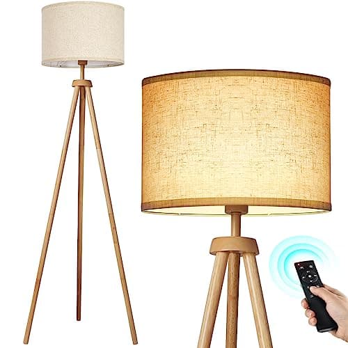 Image of OUTON Solid Wooden Tripod Floor Lamp, Dimmable LED Standing Lamp with Remote Control & 4 Color Temperatures, 1H Timer, Floor Lamp with Linen Shade for Living Room Bedroom(Blub Included), Wood
