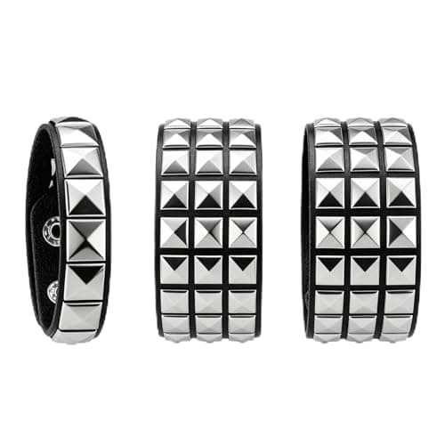 Image of CEEGEWW 3 PCS Studded Bracelets,Punk Bracelet Unisex, Leather, Silver Square Rivets, Wristband, Personalized Rivet Multi Layer Bangle Accessories for Party Favors Accessories,Daily Wear Concerts