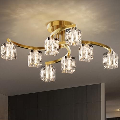 Image of OKES Gold Semi Flush Mount Ceiling Light Fixture, 8-Light Modern Chandelier with K9 Crystal for Living Room, Bedroom, Kitchen，Entryway Light