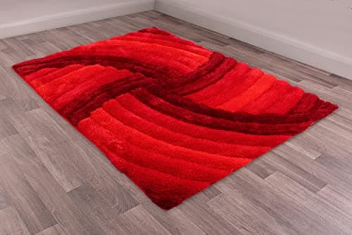 Image of Lord of Rugs Modern 3D Carved Mumbai Soft Fluffy Silky Shaggy Rug X - Small Carpet 60x110cm (2'x3'7") Red