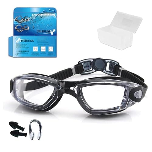 Image of AMERITINS Swimming Goggles Pack of 1, Anti-Fog Googles Swimming Adults, Anti-Leak UV Protection Crystal Clear Vision with Free Protection Case, Nose Clips & Earplus Suitable for Adults & Kids