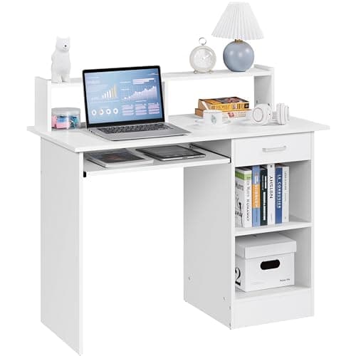 Image of Yaheetech 106x50x94cm Computer Desk with Storage Shelves Office Workstation with Monitor Shelf PC Laptop Study Table for Home Office White