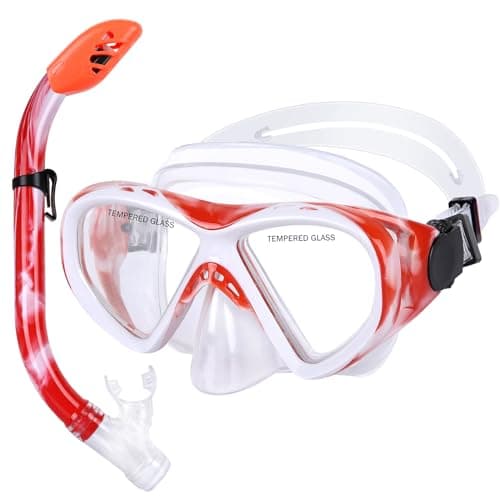 Image of KUYOU Kids Snorkel Set Dry Top Snorkeling Gear,180°Panoramic Wide View Swimming Diving Mask for Kids Youth Boys Girls Junior Age 5-12 (Red+White)