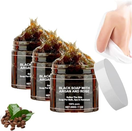 Image of Black Soap With Argan and Rose - Morocco Beldi Exfoliating Body Scrub, African Bar, Natural for All Skin Types (3Pcs)