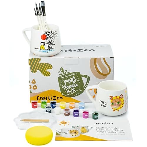 Image of craftizen Paint Your Own Mug Kit - Mug Painting Kit for 2 Adults or Kids, Ceramic Mugs to Paint with Brushes & Paints, DIY Pottery Painting Kit & Mug Decorating Gift Set
