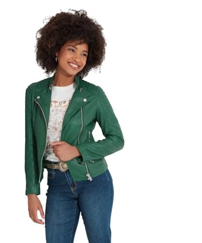 Image of Joe Browns Women's Fashion Quilted Sleeve Grandad Collar Leather Biker Jacket, Regular Fit, Green, UK 6