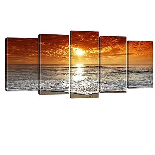 Image of Wieco Art - Grand Sight Extra Large 5 Panels Modern Landscape Artwork HD Seascape Giclee Canvas Prints Sea Beach Pictures to Photo Paintings on Canvas Wall Art for Home Decorations Wall Decorations