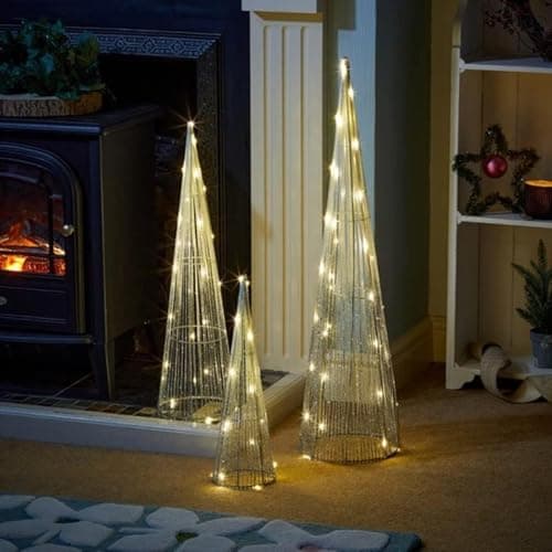 Image of Marco Paul Set of 3 Pre Lit Cone Trees - Warm White LED Indoor Christmas Decorations Large Battery Operated Light Up Silver Glitter Artificial Trees Festive Xmas Home Décor & Seasonal Display