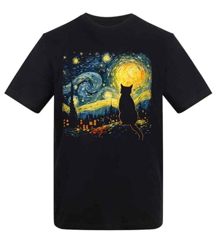 Image of Dovitee Starry Night Cat Silhouette Moon Art for Cat Lovers Artists - Adult Unisex T-Shirt Black