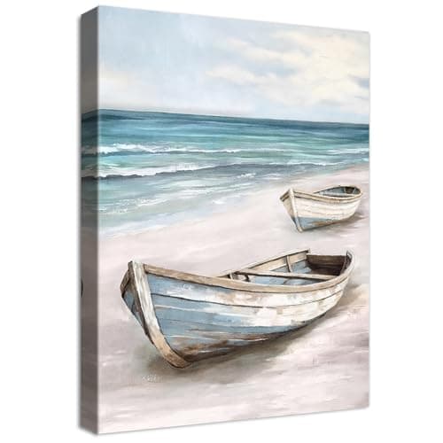 Image of Wooden Framed Canvas Wall Art Blue White Sea Boat Painting on Canvas Prints Poster Seaside Coastal Sandy Beach Pictures for Living Room Bedroom Bathroom Dining Room Hallway Wall Decoration 30x40cm